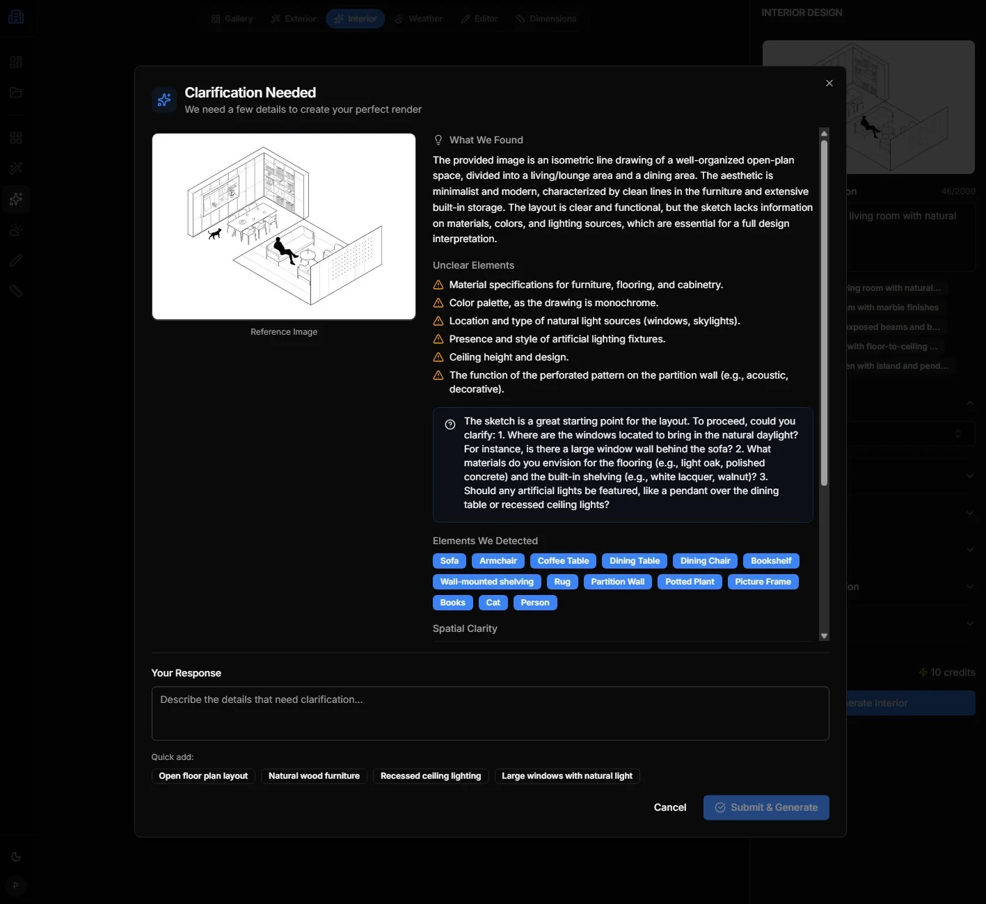 ArchLab AI analysis interface showing uploaded sketch