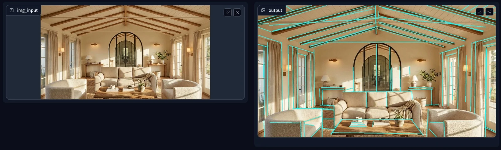 Room photograph with AI-extracted dimension overlay lines in cyan